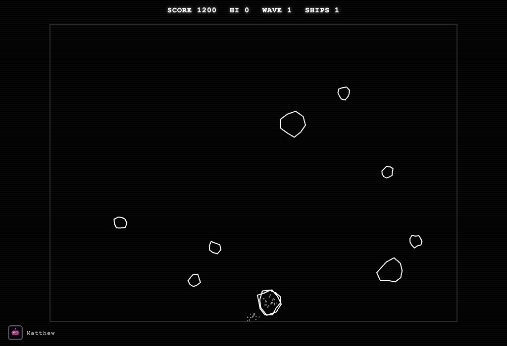 Asteroids gameplay — a white wireframe ship firing at jagged vector asteroids and a flying saucer on a black background, in the 1979 arcade style.