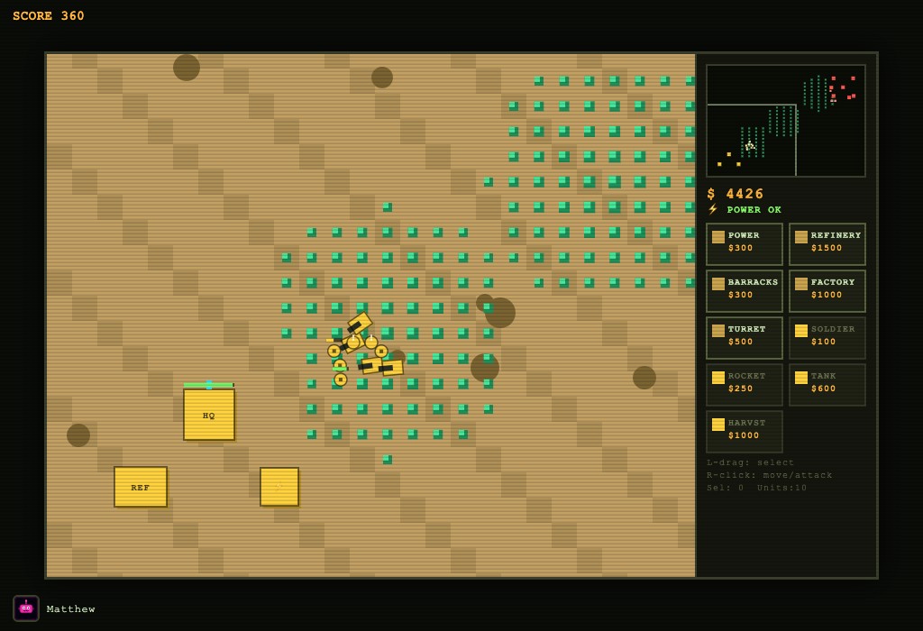 Crystal Command gameplay — a top-down tan battlefield with green crystal fields, gold player tanks and buildings versus a red enemy base, and a dark command sidebar with a radar minimap and build buttons.