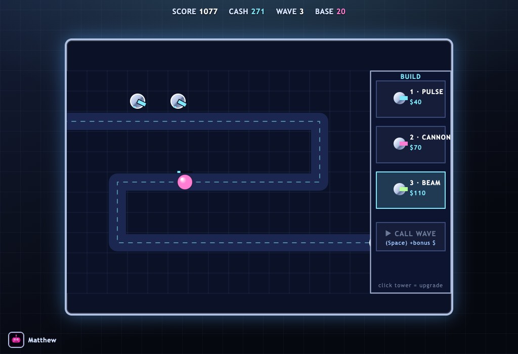 Cyber Towers gameplay — a glowing grid with a winding path, chrome turrets firing at cyber-creeps, and a build panel showing tower types and costs, on a dark Y2K-chrome background.