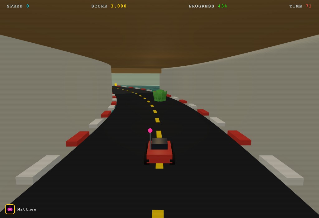 House Racers gameplay — a tiny red RC car driving through a kitchen-cabinet tunnel on a winding indoor track with red‑and‑white curbs, a lettuce obstacle on the road ahead.