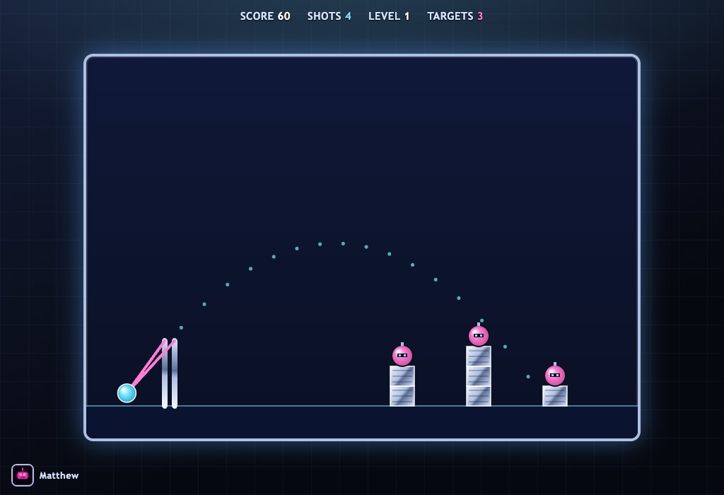 Mega Fling gameplay — a chrome slingshot on the left with a dotted aim arc, and chrome girders, glass shields and pink cyber-bots to smash on the right, on a dark Y2K background.