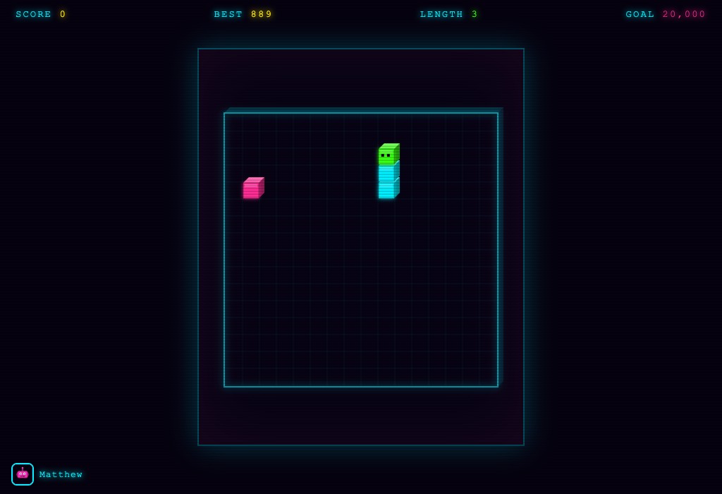 Neon Snake gameplay — a glowing 3D cube snake with a green head on a neon grid, heading toward a pink food cube.