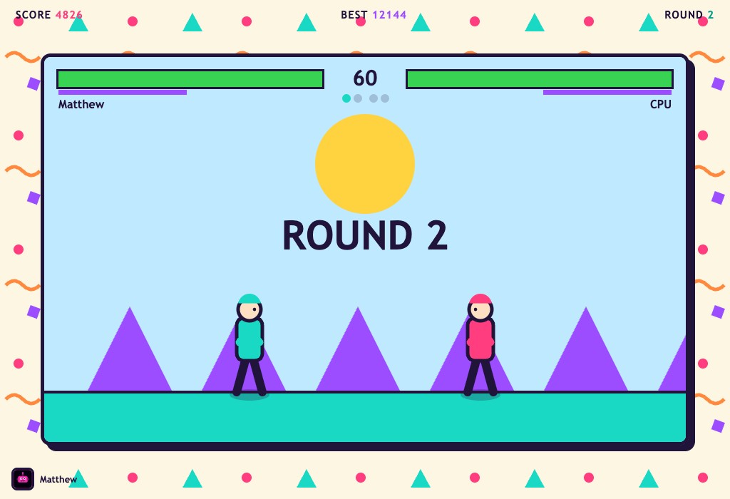 Rad Rumble gameplay — two chunky cartoon fighters (teal and pink) face off on a bright Memphis-pop stage with health bars, round pips and a timer.